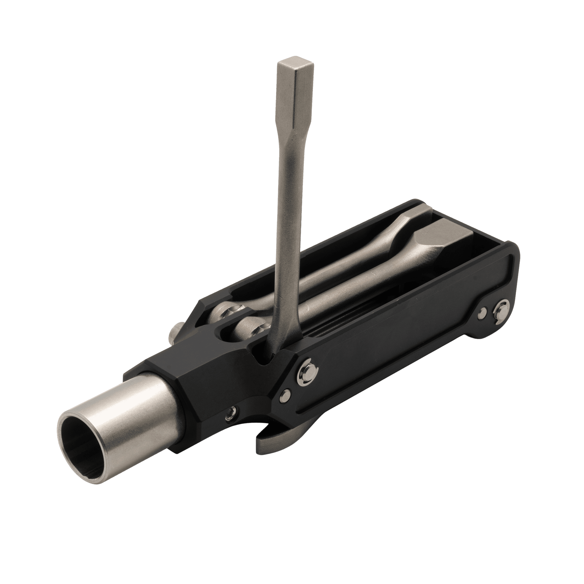 A black and silver tool is laying on the ground