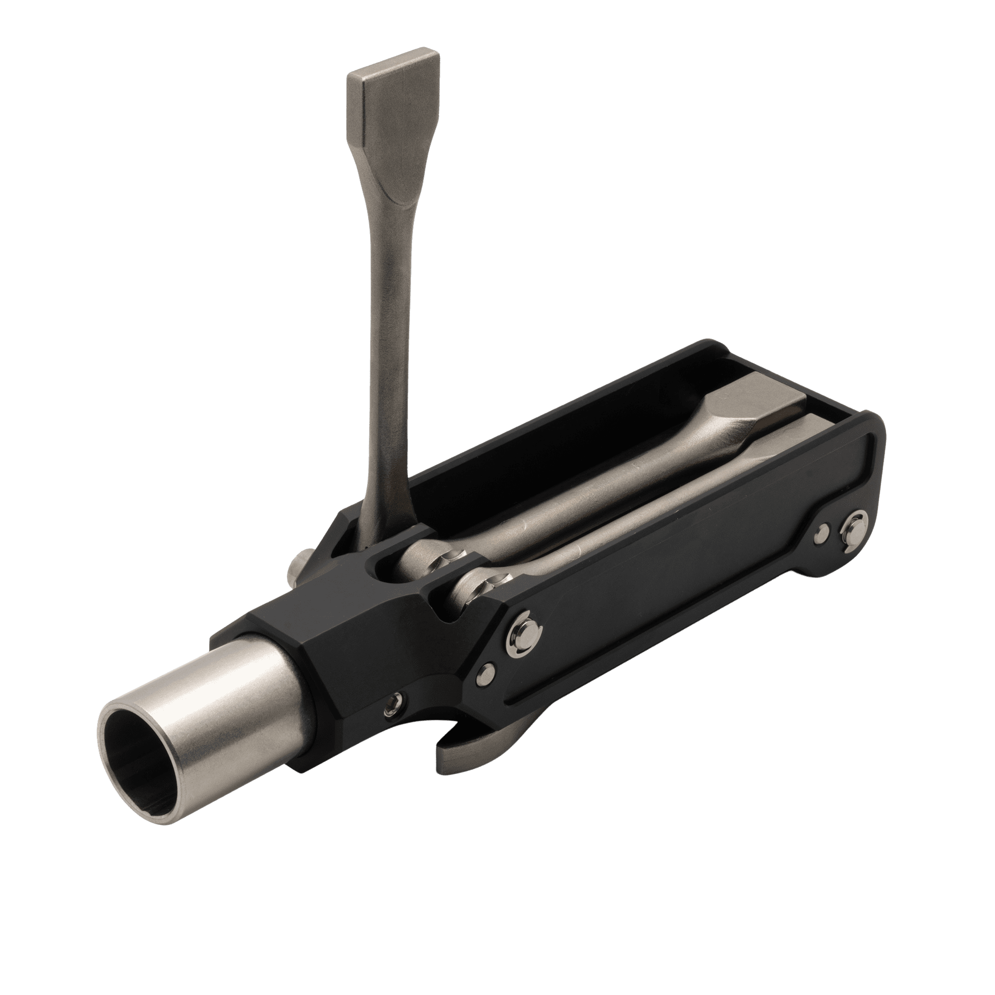 A black and silver tool is laying on the ground.